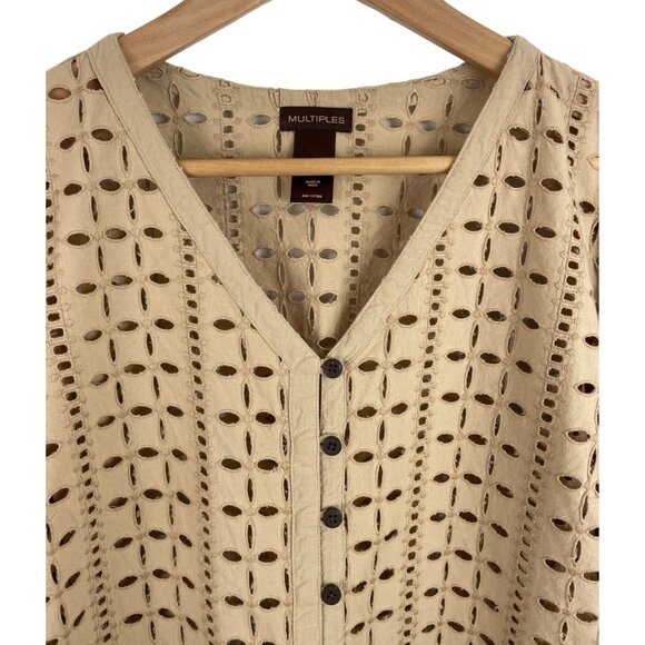 Multiples Brown Button Up 3/4 Sleeve Open Knit Eyelet Cardigan Womens SIze Large - Picture 3 of 8